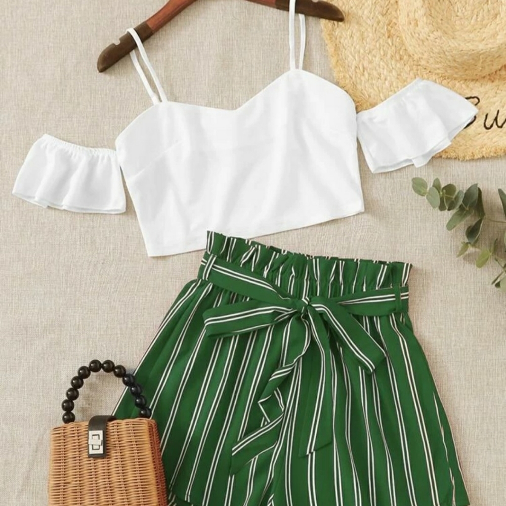 Cold Shoulder Top Striped Set